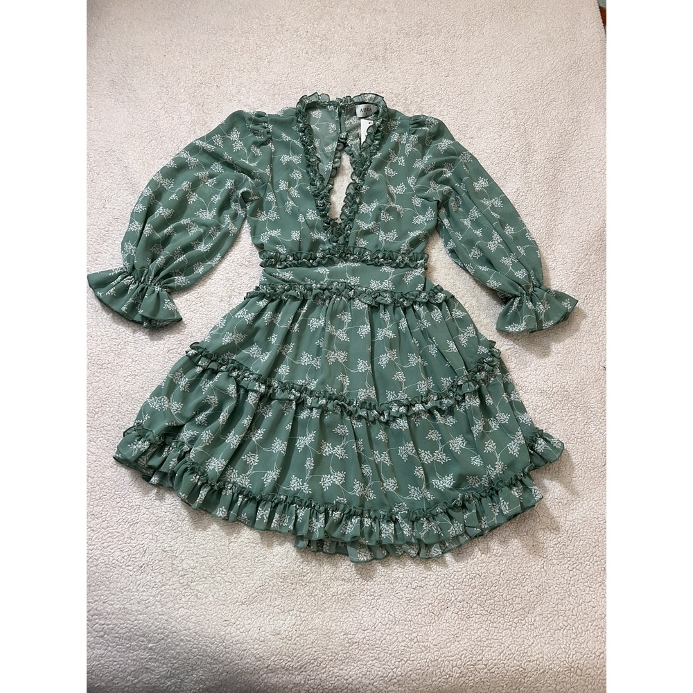 Aura Ruffled Floral Green Dress (NWT)